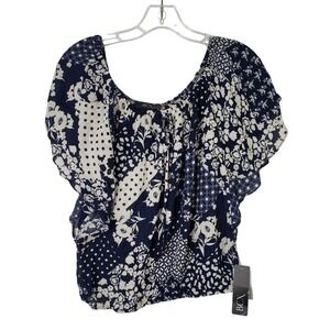 BCX Womens Small Blue White Floral‎ Patchwork Boho Off Shoulder Blouse Top